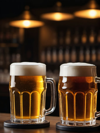 Photo Of Mugs Full Of Beer On A Bar Counter, Dramatic Lighting Illustration. Generative AIの素材
