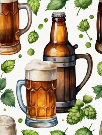 Photo Of Watercolor Collection Beer Mug And Bottle Of Beer, Hops And Malts, Hand Painted Oktoberfest Design Elements Isolated On White Background, Watercolor Beer Clip Art. Generative AIの素材