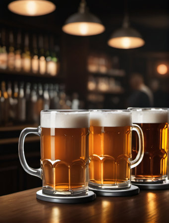 Photo Of Mugs Full Of Beer On A Bar Counter, Dramatic Lighting Illustration. Generative AIの素材