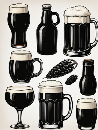 Photo Of Set Of Black Beer Icon, Hand Drawing Illustration, Isolated, White Background. Generative AIの素材