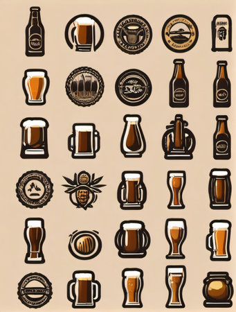 Photo Of Set Of Beer Icon, Such As Alcohol, Brewery, Craft Beer, Hop. Generative AIの素材