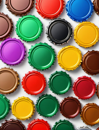 Photo Of Colorful Beer Caps Isolated On White Background, Top View, Banner, 3D Illustration. Generative AIの素材