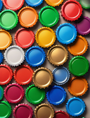 Photo Of Colorful Beer Caps Isolated On White Background, Top View, Banner, 3D Illustration. Generative AIの素材