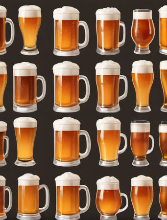 Photo Of Set Icons Of Beer With Foam In Mugs And Glasses Isolated. Generative AIの素材