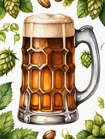 Photo Of Watercolor Collection Beer Mug And Bottle Of Beer, Hops And Malts, Hand Painted Oktoberfest Design Elements Isolated On White Background, Watercolor Beer Clip Art. Generative AIの素材