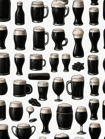 Photo Of Set Of Black Beer Icon, Hand Drawing Illustration, Isolated, White Background. Generative AIの素材
