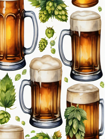 Photo Of Watercolor Collection Beer Mug And Bottle Of Beer, Hops And Malts, Hand Painted Oktoberfest Design Elements Isolated On White Background, Watercolor Beer Clip Art. Generative AIの素材