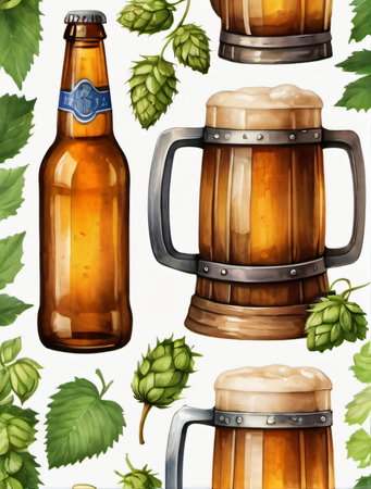 Photo Of Watercolor Collection Beer Mug And Bottle Of Beer, Hops And Malts, Hand Painted Oktoberfest Design Elements Isolated On White Background, Watercolor Beer Clip Art. Generative AIの素材