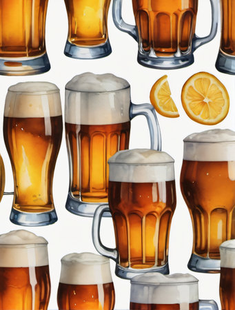 Photo Of Watercolor Beer Glasses Set Isolated On White Background. Generative AIの素材