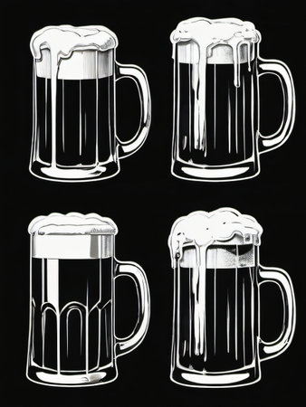 Photo Of Set Of Black Beer Icon, Hand Drawing Illustration, Isolated, White Background. Generative AIの素材