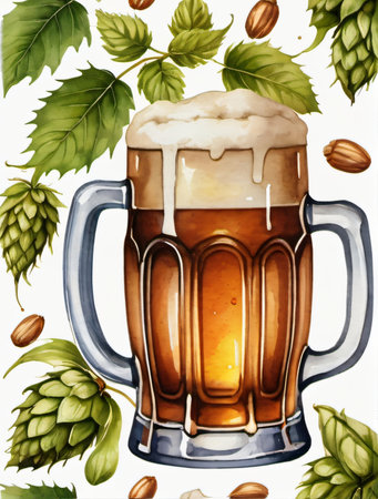 Photo Of Watercolor Collection Beer Mug And Bottle Of Beer, Hops And Malts, Hand Painted Oktoberfest Design Elements Isolated On White Background, Watercolor Beer Clip Art. Generative AIの素材