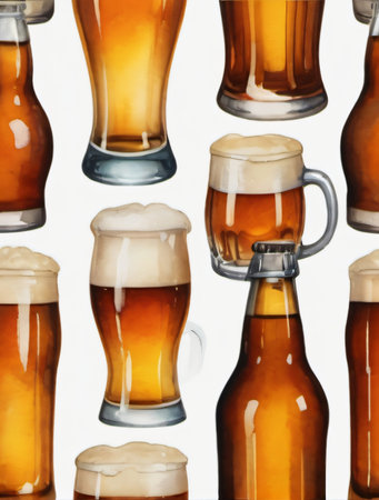 Photo Of Hand Painted Watercolor Glass Of Beer And Bottle Set Isolated On White Background. Generative AIの素材
