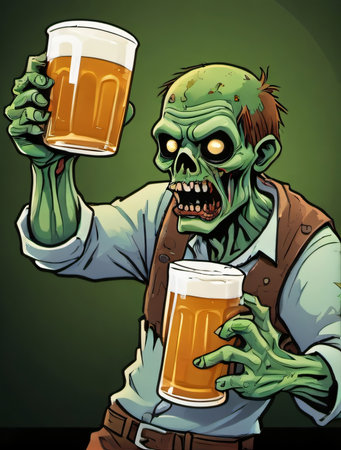 Photo Of Cartoon Illustration Of Zombie Drinking Beer, International Beer Day Conceptual Banner. Generative AIの素材