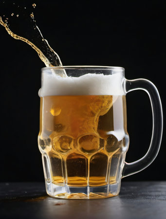 Photo Of Glass Mug With Beer With A Big Unrealistic Splash On Dark Background. Generative AIの素材