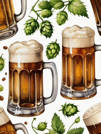 Photo Of Watercolor Collection Beer Mug And Bottle Of Beer, Hops And Malts, Hand Painted Oktoberfest Design Elements Isolated On White Background, Watercolor Beer Clip Art. Generative AIの素材
