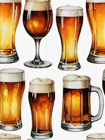 Photo Of Watercolor Beer Glasses Set Isolated On White Background. Generative AIの素材