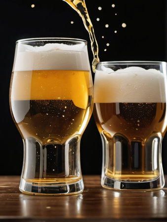 Photo Of Pair Of Beer Glasses Making A Toast, Beer Splash. Generative AIの素材