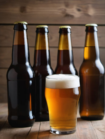 Photo Of Some Glasses Of Beer And Beer Bottles On A Wooden Table. Generative AIの素材
