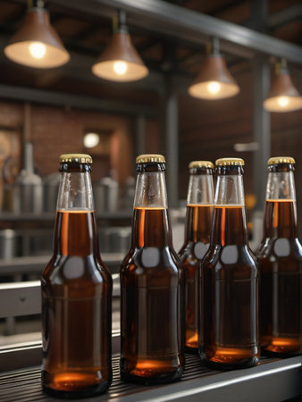Photo Of Glass Brown Bottles Of Beer On Conveyor Belt With Light, Concept Brewery Plant Production Line, Beer Bottling Factory. Generative AIの素材