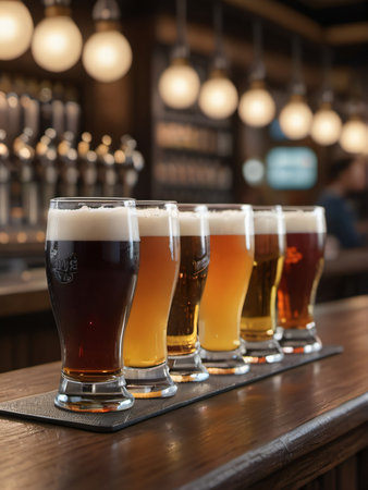 Photo Of Draft Beer In Glasses On The Bar Stand In A Row, The Background Of The Blur Bar. Generative AIの素材