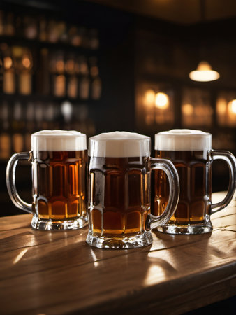 Photo Of Mugs Full Of Beer On A Bar Counter, Dramatic Lighting Illustration. Generative AIの素材