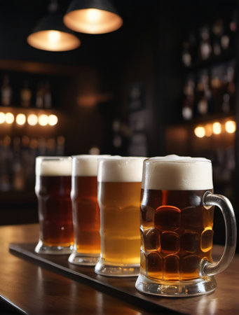 Photo Of Mugs Full Of Beer On A Bar Counter, Dramatic Lighting Illustration. Generative AIの素材