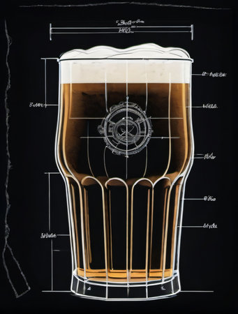 Photo Of Beer Pint Blueprint Artwork Print Design, Sketch Over Black Background, Illustration. Generative AIの素材