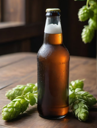 Photo Of Single Craft Beer Bottle With Condensation, Suggesting It Is Chilled, Its Placed On A Wooden Table, Accompanied By Fresh Hops, Which Are Commonly Used In Brewing Beer, Flavor And Aroma. Generative AIの素材