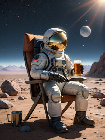 Photo Of An Astronaut Sits On A Chair And Basks Under The Rays Of A Bright Star While Drinking Beer On An Alien Planet, The Concept Of Travel And Lifestyle Of An Astronaut On Another Planet, Art. Generative AIの素材