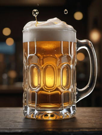 Photo Of Glass Mug With Beer With A Big Unrealistic Splash On Dark Background. Generative AIの素材