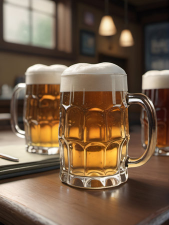 Photo Of Watercolor Hand Drawn Beer With Foam In Glass Mugs On A White Isolated Background, Pint Of Beer. Generative AIの素材