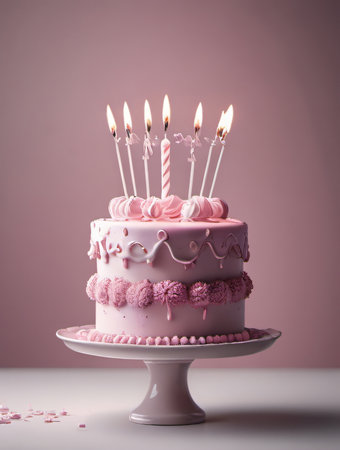 Photo Of Monochrome Pink Image With A Flying Birthday Cake On A Solid Background, 3D Illustration. Generative AIの素材