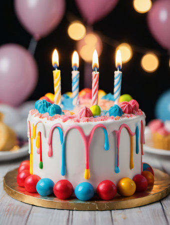 Photo Of Celebration Party Birthday Cake With Lots Of Icing And Decorations. Generative AIの素材