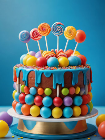 Photo Of Colorful Birthday Cake On A Stand Decorated With Multicolored Sweets, Lollipops, Balls On A Blue Background. Generative AIの素材