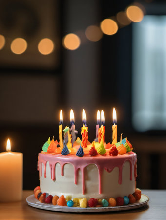 Photo Of Birthday Cake With Candles In Dinning Room. Generative AIの素材