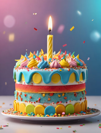 Photo Of Colorful Birthday Cake With Candle And Sprinkles With Confetti 3D Rendering Banner. Generative AIの素材