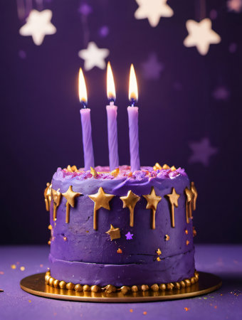 Photo Of Purple Birthday Cake With Candles On A Purple Background With Stars And Space, Text. Generative AIの素材