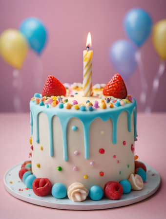 Photo Of 1St Years Birthday Cake On Isolated Colorful Pastel Background. Generative AIの素材