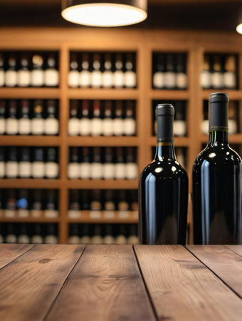Photo Of Wine Wooden Table Background, Blurred Wine Shop With Bottles, Bright Color. Generative AIの素材