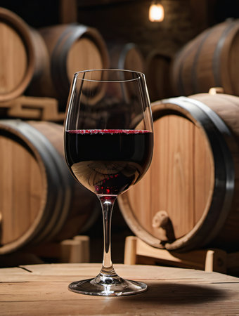 Photo Of Glass Of Red Wine On Background Of Wooden Oak Barrels In Cellar Of Winery. Generative AIの素材