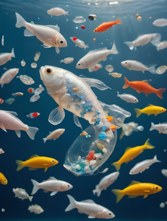 Photo Of Plastic Pollution In The Ocean, Fish Sculpted From Microplastics In Open Water, Environmental Crisis. Generative AIの素材