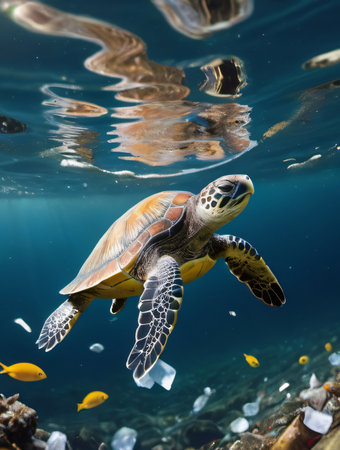Photo Of Turtle Swimming Among Trash Underwater, Plastic Waste In Sea Water, Pollution, Garbage Problem Plastic Bottles And Microplastics Floating In The Open Ocean. Generative AIの素材