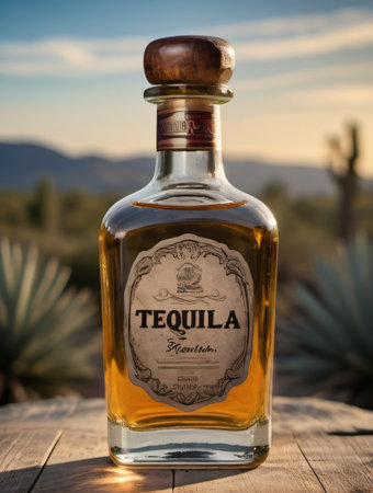 Photo Of Unlabeled Bottle Of Tequila With Picturesque Rustic Background. Generative AIの素材