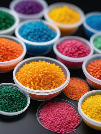 Photo Of Biodegradable Plastic Granules In A Range Of Hues Are Spread Out On A Lab Bench, Plastics Starting Points. Generative AIの素材