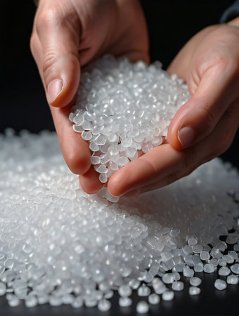 Photo Of Close Up Hands Holding Plastic Polypropylene Granules. Generative AIの素材