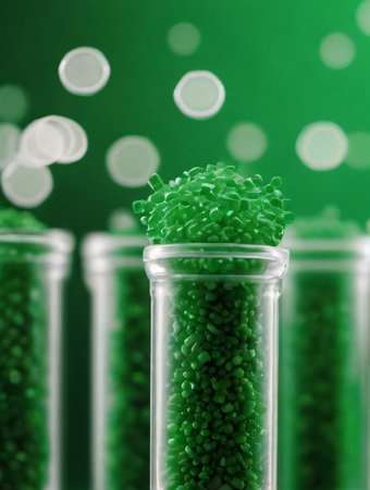 Photo Of Green Biodegradable Plastic Granules In Test Tubes, Recycling Plastic Concept. Generative AIの素材