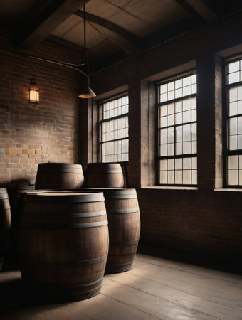 Photo Of An Old Brewery With Barrels And A Window At The End Of The Room. Generative AIの素材