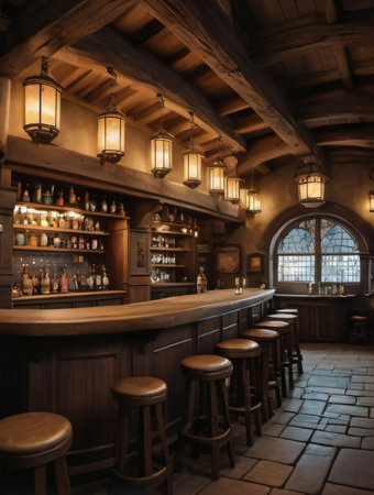 Photo Of Wide Panoramic View Of The Bar Area In A Fantasy Medieval Tavern, Interior, Art Illustration. Generative AIの素材