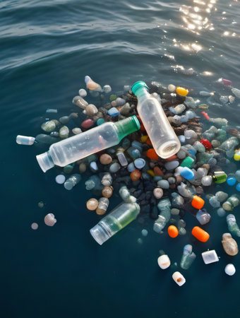 Photo Of Plastic Waste In Sea Water, Pollution, Garbage Problem Plastic Bottles And Microplastics Floating In The Open Ocean. Generative AIの素材