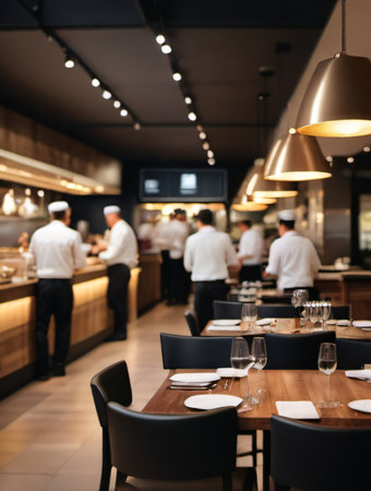 Photo Of Blurred Restaurant Background With Some People And Chefs And Waiters Working. Generative AIの素材